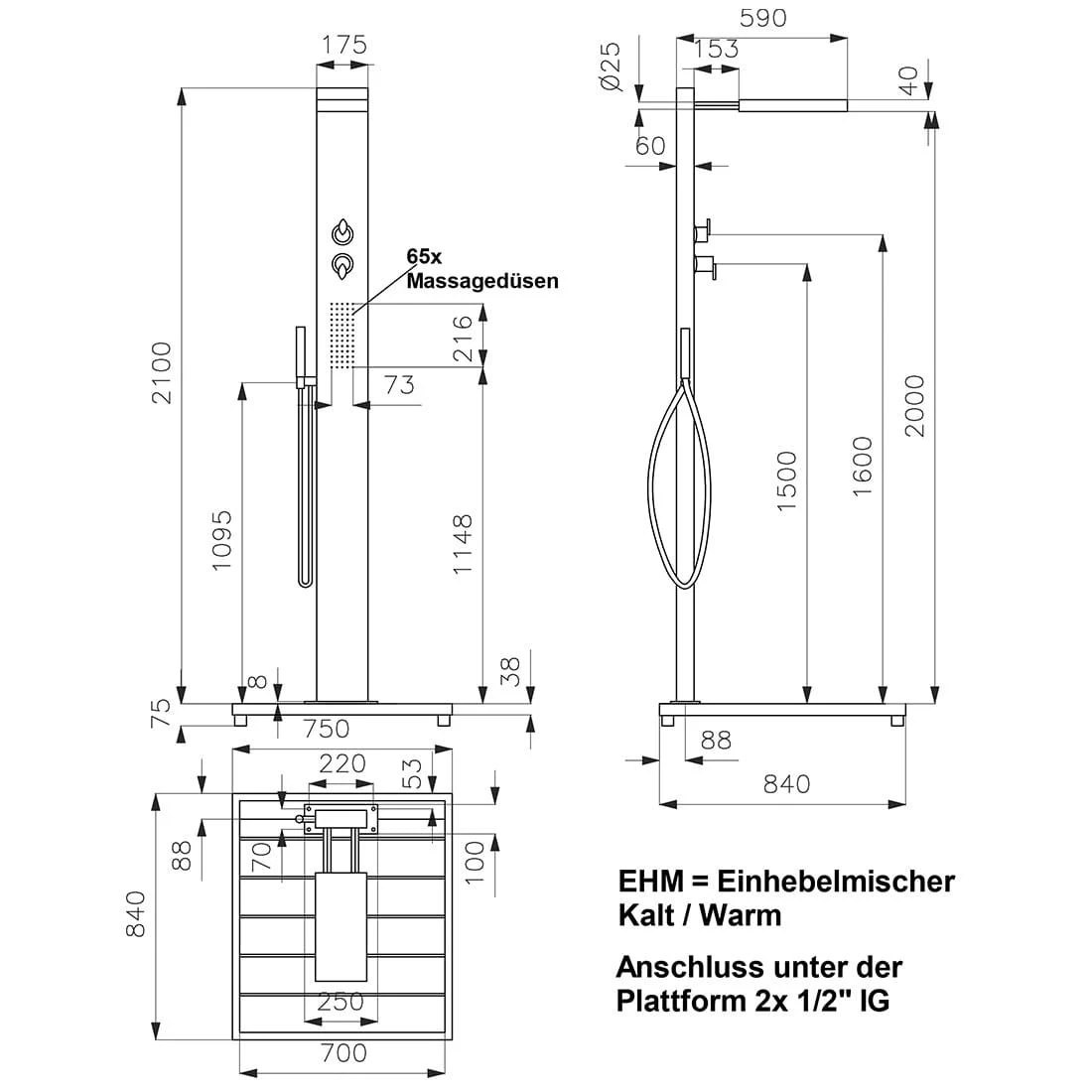 Ideal Elba Gartendusche Warmwasser Edelstahl/WPC - Image 4