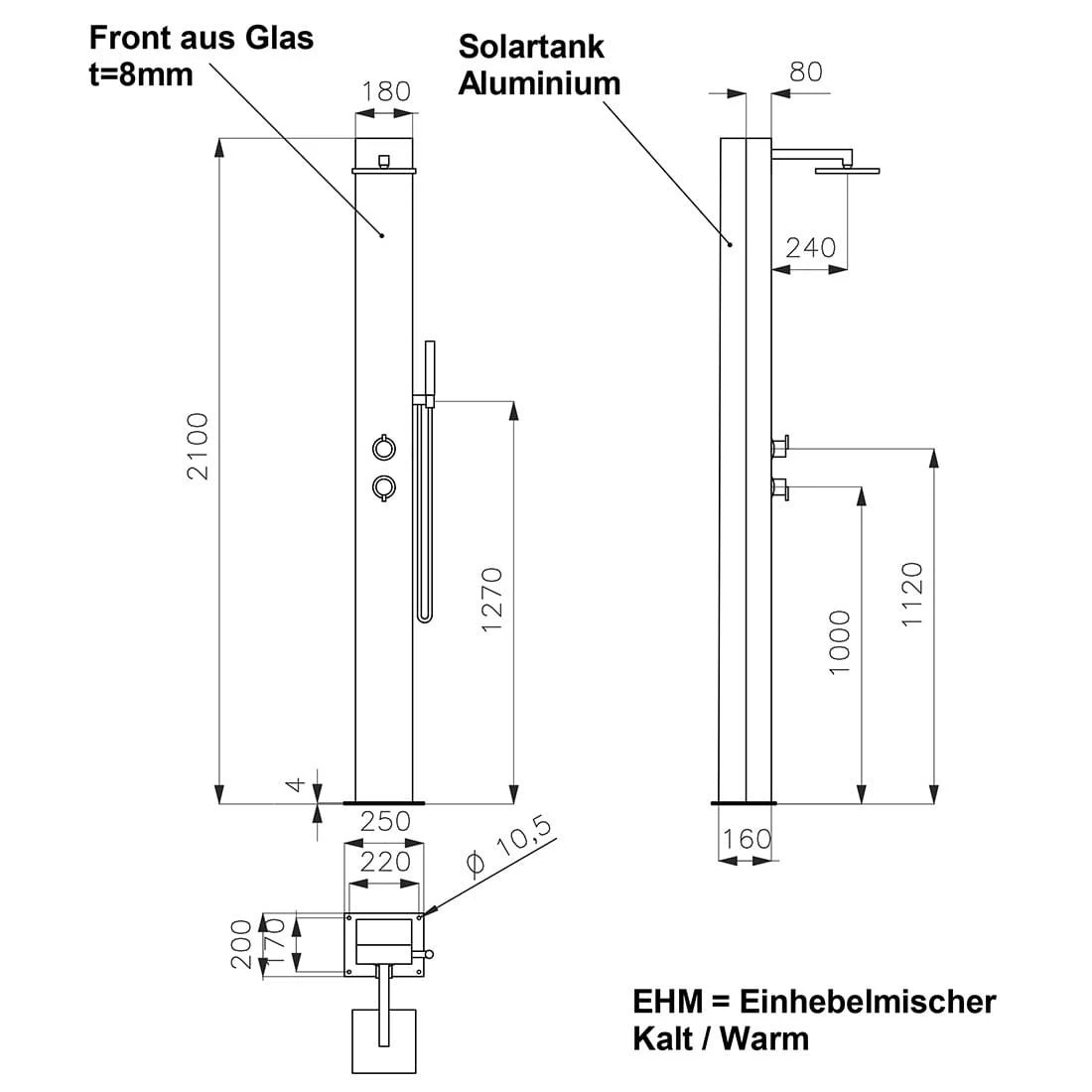 Ideal Kuba Garten Solardusche Edelstahl/Glas – Bild 3