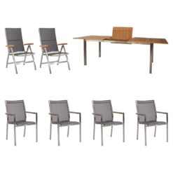 Stern Cardiff Stapel- Und Klappsessel 7-teiliges Gartenmöbelset Mit Ausziehtisch Granada Teak 180/240x90cm Silbergrau