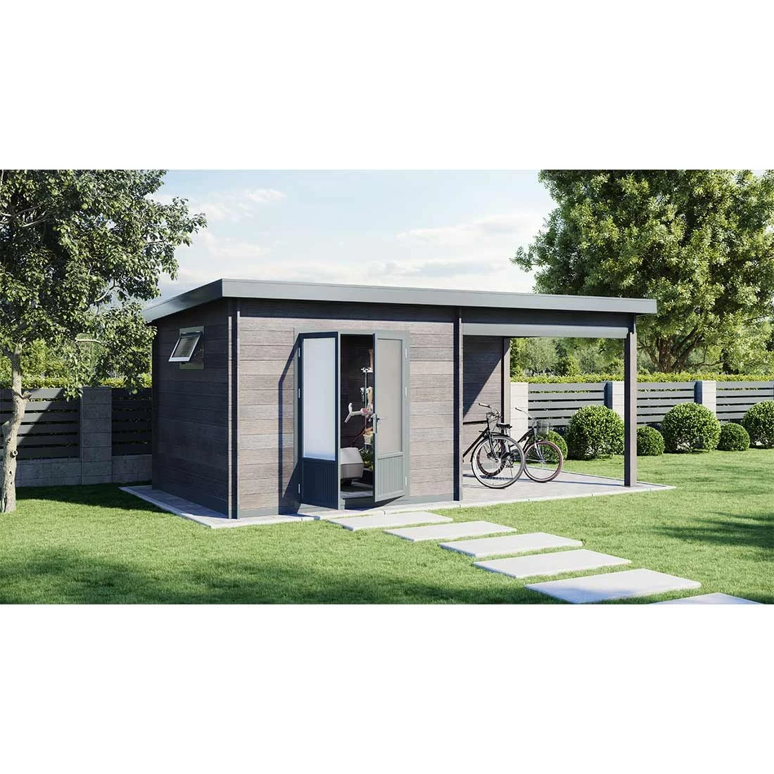 Wolff Finnhaus WPC-Trend D+ Gartenhaus 560x287cm+Loungenanbau Grau