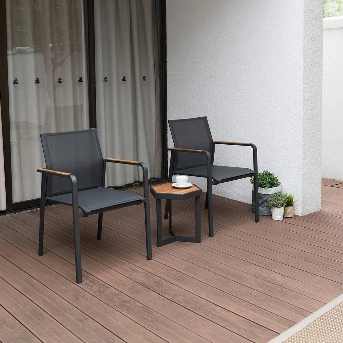 Zebra Bee/Sixx Gartenmöbel-Set 3-teilig Aluminium/Textilene Graphit/Teak Natur - Image 2