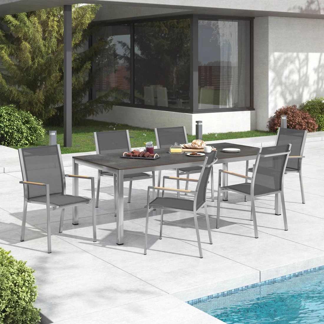 Zebra One Gartenmöbelset 7-tlg. Mit Tisch 220x100 Cm Dunkelgrau/Zement Dunkel